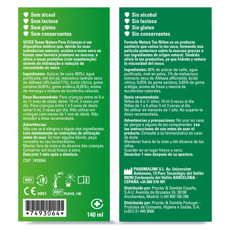 Sirup Vicks Fórmula Natura proti kašľu pre deti s príchuťou medu a jahôd, 140 ml