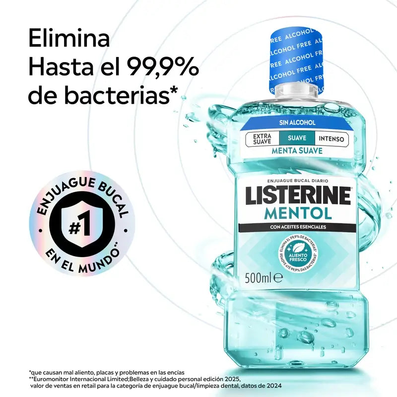 Ústna voda Listerine, jemná mentolová príchuť, bez alkoholu, na každodenné použitie, 500 ml