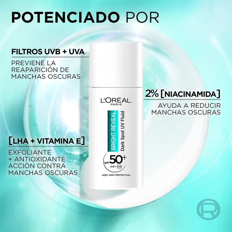 L'Oréal Paris Bright Reveal Hydratačný fluid proti pigmentovým škvrnám s UV filtrom SPF 50+ a niacinamidom