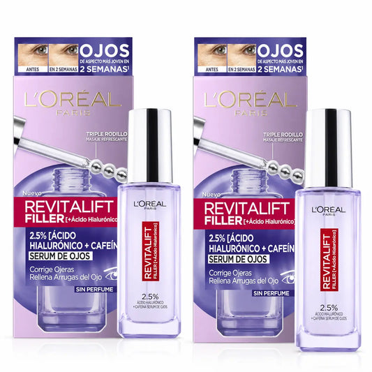 L'Oréal Paris Revitalift Filler očné sérum: 2,5 % kyselina hyalurónová a kofeín, trojitý roll-on, balenie po 2 ks