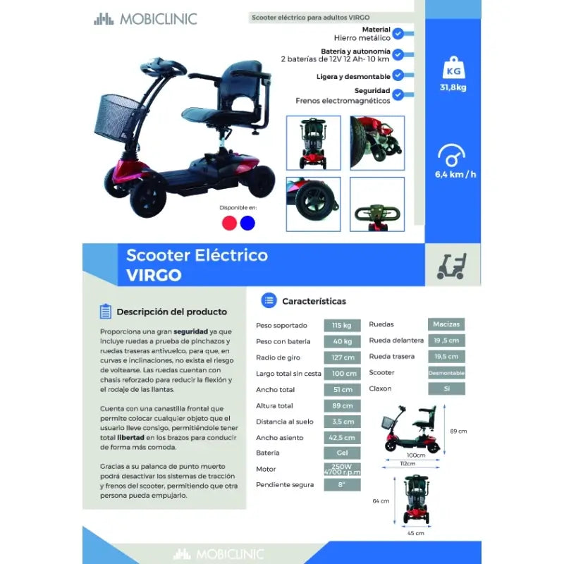 Mobiclinic Skúter pre osoby s obmedzenou pohyblivosťou – dojazd 10 km – 4 kolesá – kompaktný a rozložiteľný – 12 Ah – 250 W – Virgo – Mobiclinic 