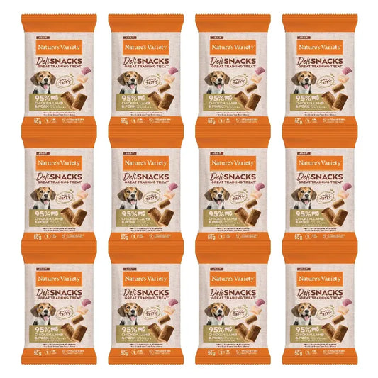 Nature'S Variety – psie pochúťky s kuracím mäsom, jahňacím mäsom a bravčovým mäsom, prírodné, 12 x 50 g