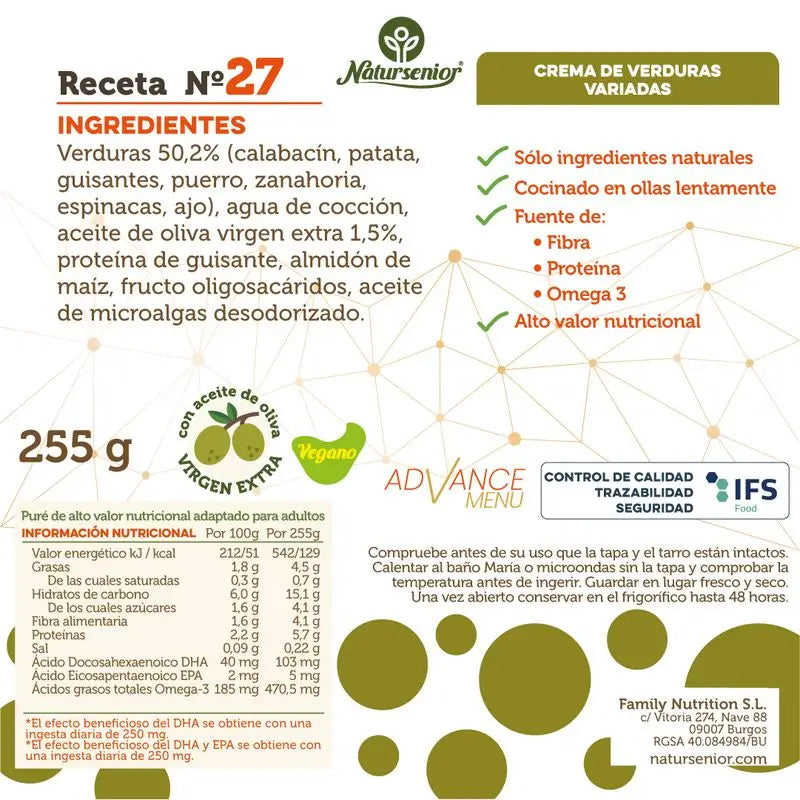 Natursenior Zeleninový krém pre dospelých – zmes rôznych druhov zeleniny s omega-3 DHA, prebiotikami a bielkovinami, 255 g