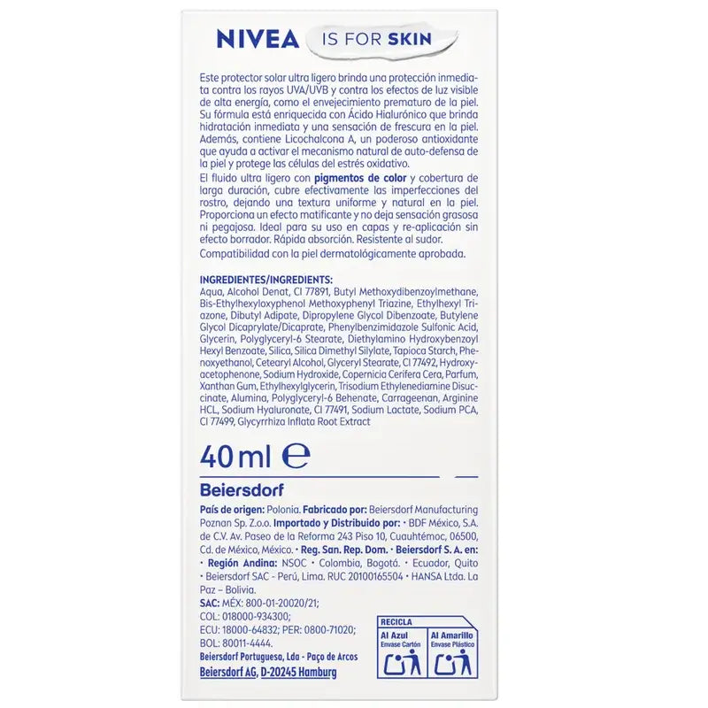 Nivea Sun Ultraľahký denný pleťový krém, svetlý odtieň, SPF 50+, 40 ml