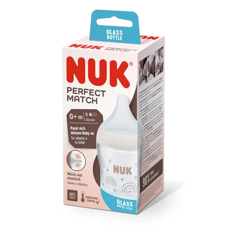 Fľaša Nuk Perfect Match z krištáľového skla a silikónu, 0–6 mesiacov, prietok S, dúha, 120 ml