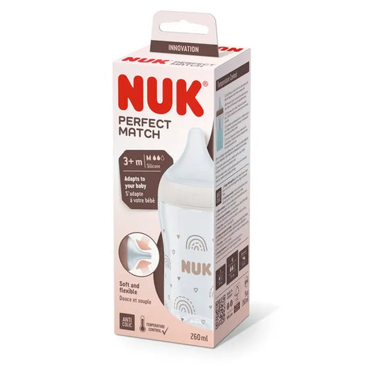 Fľaša Nuk Perfect Match z PP a silikónu, 0–6 mesiacov, prietok M, dúha, 260 ml