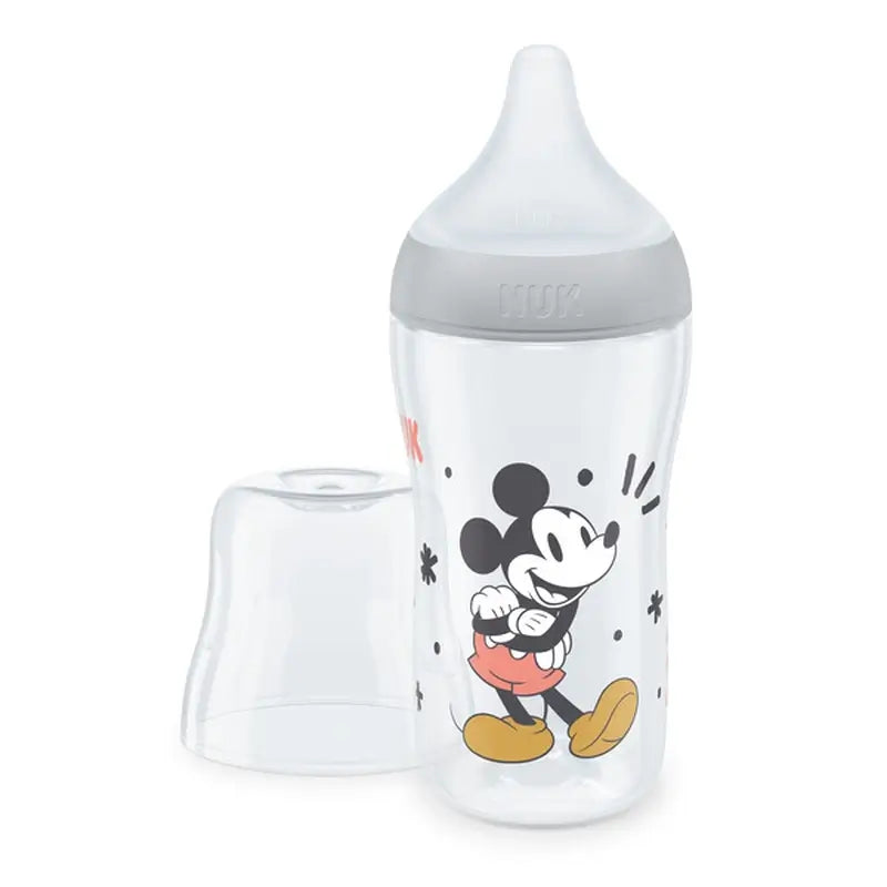 Fľaša Nuk Perfect Match PP so silikónovým náustkom, 0–6 mesiacov, prietok M, Mickey Mouse, sivá, 260 ml