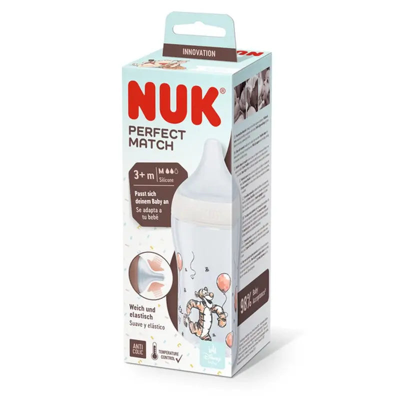 Fľaša Nuk Perfect Match z PP a silikónu, 0–6 mesiacov, prietok M, Medvedík Pú a tiger, 260 ml