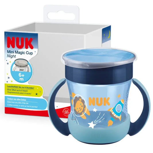 NUK Mini Magic Cup Night – detský pohárik na učenie sa piť, 160 ml, od 6 mesiacov, modrý