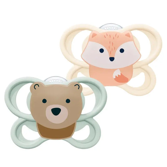 NUK Perfect Match Air – silikónový cumlík T0 0–2 mesiace, líška/medveď, 2 ks