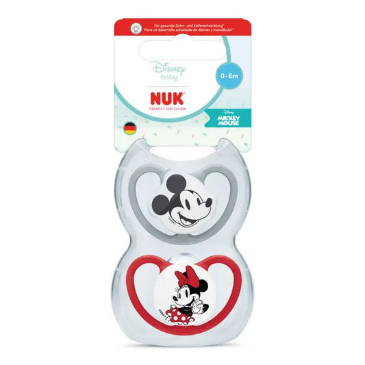 NUK Perfect Match Air silikónový cumlík T1 0–6 mesiacov Mickey Mouse červený/sivý, 2 ks