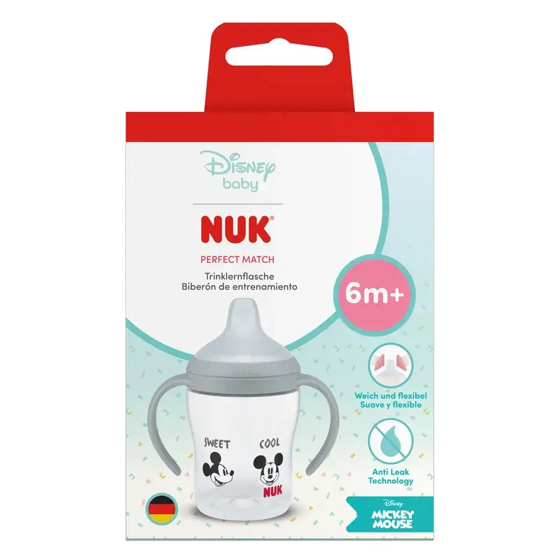 NUK Perfect Match – fľaša na prechod na pevnú stravu 150 ml, od 6 mesiacov, Mickey Mouse, sivá