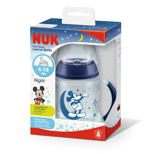 Nuk Tréningový pohárik First Choice+ zo silikónu s motívom Mickey Mouse 6–18 mesiacov (nočná verzia), 150 ml