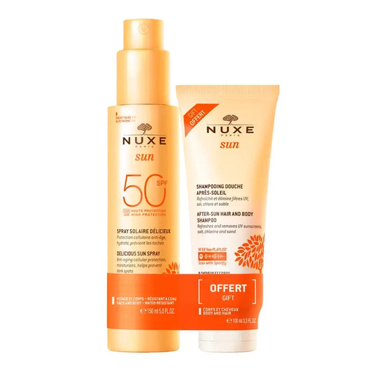 Nuxe Sun – opaľovací sprej na tvár a telo SPF 50, 150 ml + šampón po opaľovaní, 100 ml