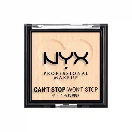 Profesionálny matujúci púder Nyx „Can’t Stop Won’t Stop“. Potláča lesk, nedokonalosti a póry. Odtieň 01 Fair, 6 g