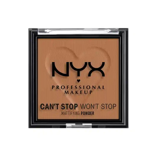 Profesionálny matujúci púder Nyx „Can’t Stop Won’t Stop“. Potláča lesk, nedokonalosti a póry. Odtieň 08 Mocha. , 6 g