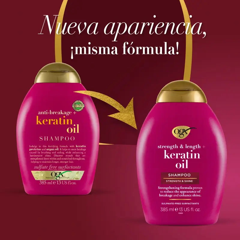 OGX Šampón s keratínovým olejom, na lámavé vlasy, hydratačný a posilňujúci, 385 ml