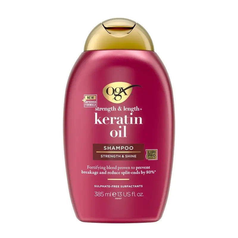 OGX Šampón s keratínovým olejom, na lámavé vlasy, hydratačný a posilňujúci, 385 ml