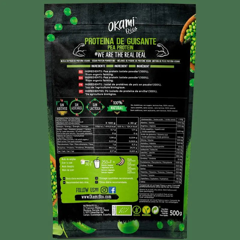 Okami Bio Izolovaný hrachový proteín 500 g. Bio, bezlaktózový, vegánsky 