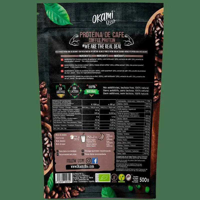 Okami Bio Hrachový a kávový proteín 500 g. Bio, SG, vegánsky 