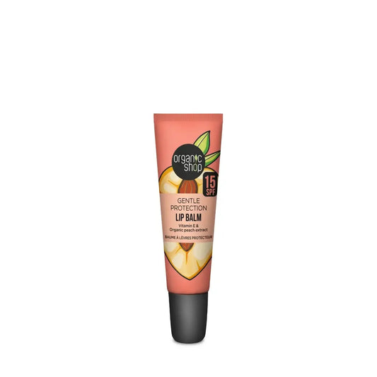 Organic Shop Balzam na pery s jemnou ochranou SPF 15. Vitamín E a výťažok z broskyne, 10 ml 