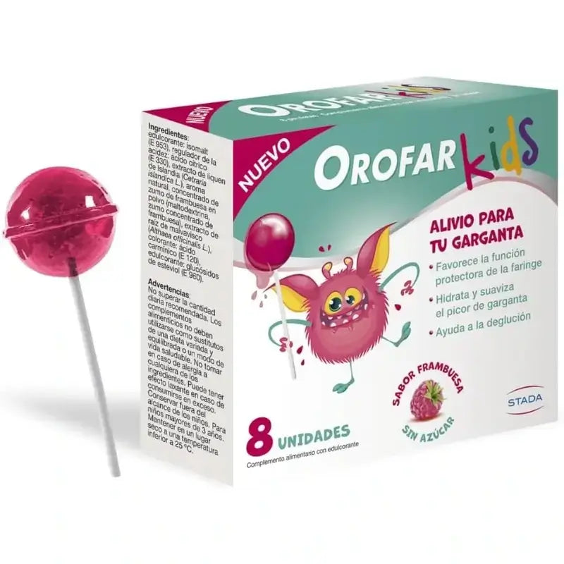 Orofar Kids – lízanky proti škrabaniu v krku s malinovou príchuťou bez cukru, 2x8 lízaniek