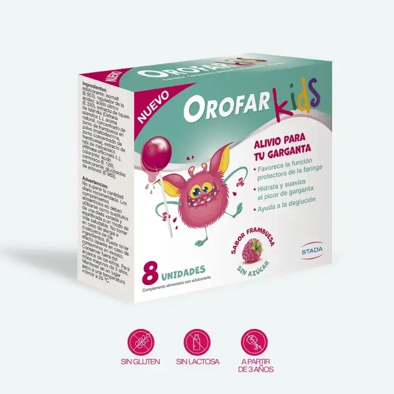 Orofar Kids – lízanky proti škrabaniu v krku s malinovou príchuťou bez cukru, 2x8 lízaniek