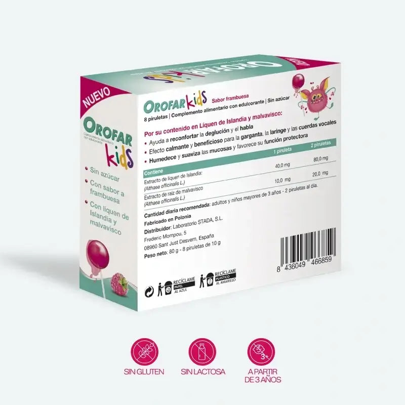 Orofar Kids – lízanky proti škrabaniu v krku s malinovou príchuťou bez cukru, 2x8 lízaniek
