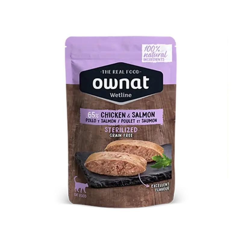 Ownat Wetline Feline Sterilized – kuracie mäso a losos, 12 × 85 g 