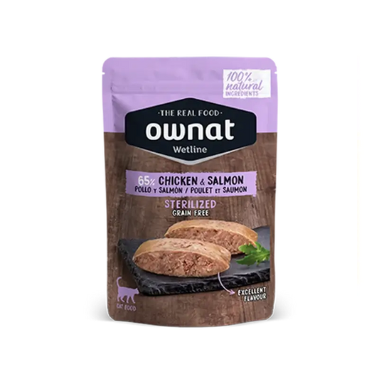 Ownat Wetline Feline Sterilized – kuracie mäso a losos, 12 × 85 g 