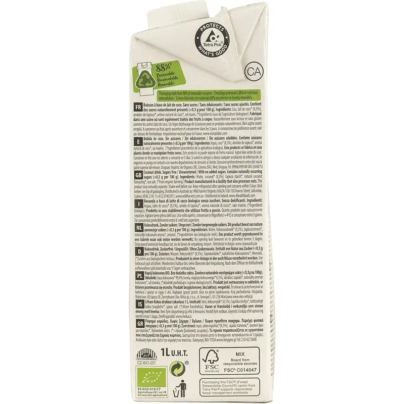 Ecomil Coconut Nature Bio, balenie 1 liter x 8 kusov