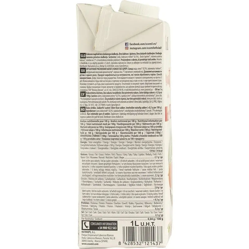 Ecomil Coconut Nature Bio, balenie 1 liter x 8 kusov