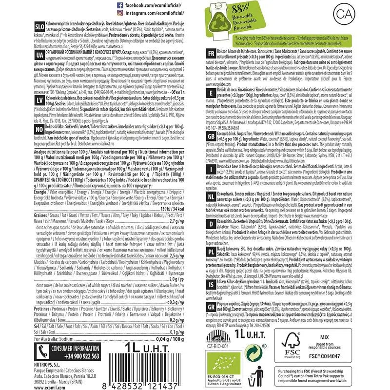 Ecomil Coconut Nature Bio, balenie 1 liter x 8 kusov