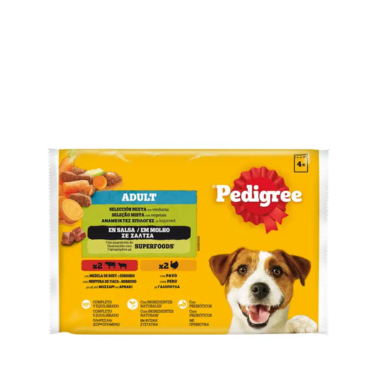 Pedigree vrecúška, balenie po 4 ks, teľacie a hydinové paštéty, 13 × 4 × 100 g