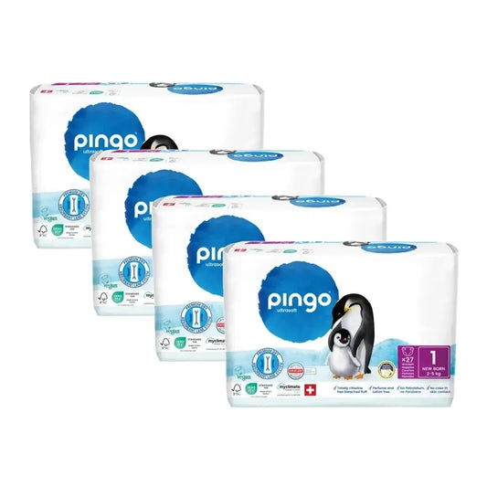 Ekologické plienky Pingo, veľkosť 1 (2–5 kg), 4 balenia po 27 kusoch