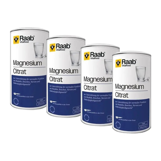 Raab Vitalfood Citrát horečnatý v prášku, balenie 4 x 340 g. Vhodné pre vegánov