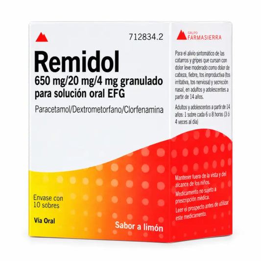 Remidol 650 mg/20 mg/4 mg granulát na prípravu perorálneho roztoku Efg, 10 vrecúšok
