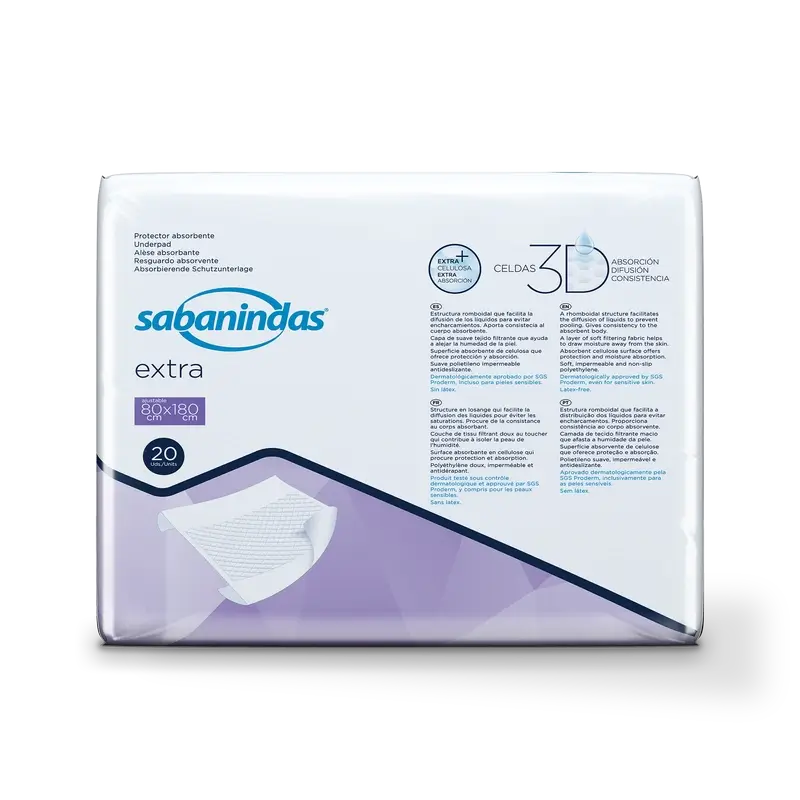 Sabanindas Extra – ochranná absorpčná podložka s nastaviteľnými rozmermi 80 × 180 cm, 20 kusov
