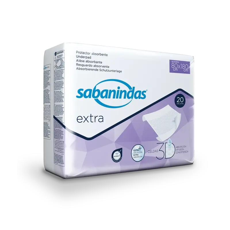 Sabanindas Extra – ochranná absorpčná podložka s nastaviteľnými rozmermi 80 × 180 cm, 20 kusov