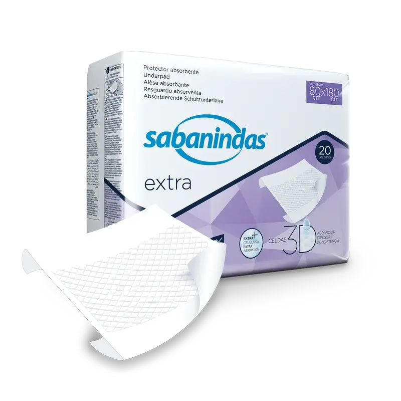 Sabanindas Extra – ochranná absorpčná podložka s nastaviteľnými rozmermi 80 × 180 cm, 20 kusov