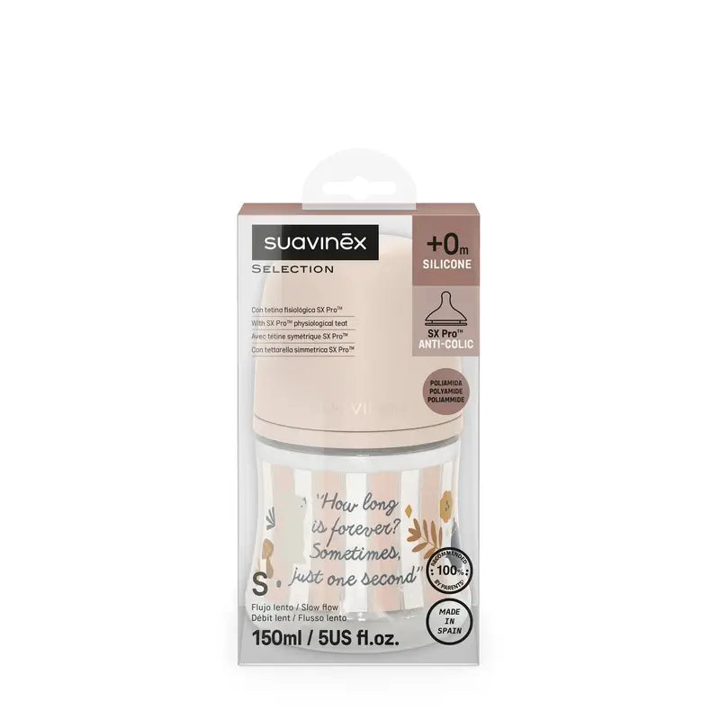 Suavinex Fľaša 150 ml, pomalý prietok (S), od 0 mesiacov, Wonderland ružová