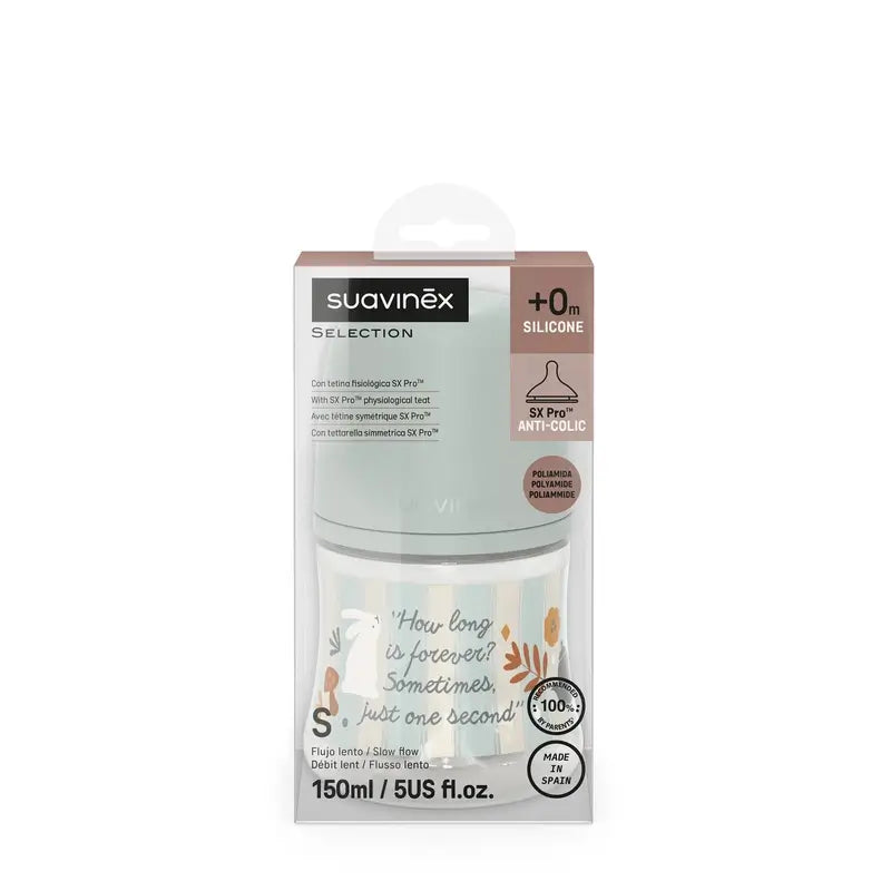 Suavinex fľaša 150 ml, pomalý prietok (S), od 0 mesiacov, Wonderland – zelená