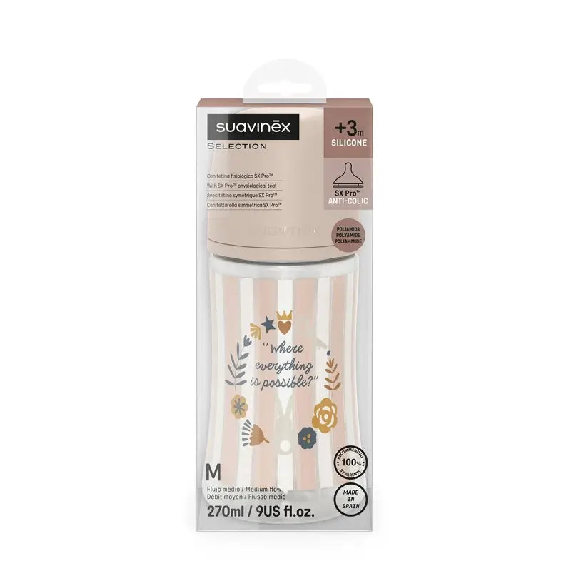 Suavinex fľaša 270 ml, stredný prietok (M), od 3 mesiacov, Wonderland ružová