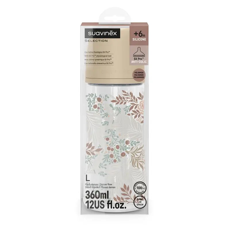 Suavinex fľaša 360 ml, hustý prietok (L), od 6 mesiacov, Poetry Beige