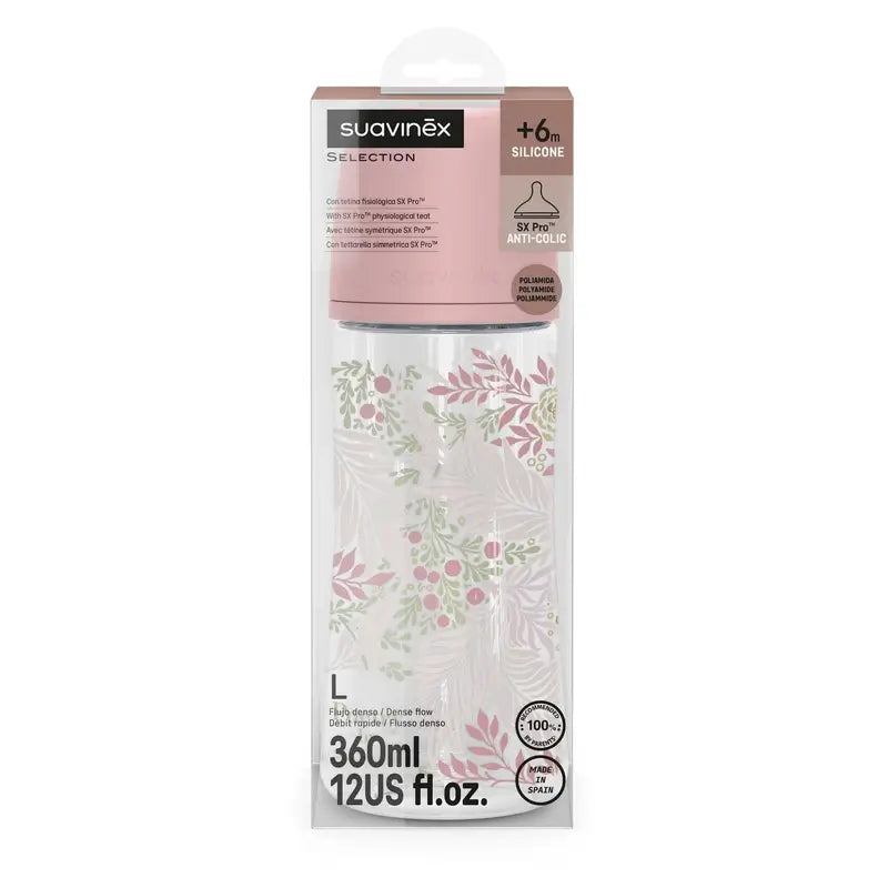 Suavinex fľaša 360 ml, hustý prietok (L), od 6 mesiacov, Poetry ružová