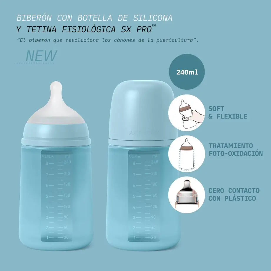 Suavinex – fľaša so silikónovou fľašou s objemom 240 ml, fyziologická cumlík Sx Pro, stredný prietok (M). Od 3 mesiacov. Colour Essence, šedá