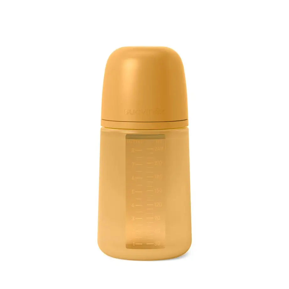 Suavinex – fľaša so silikónovou fľašou s objemom 240 ml, fyziologická cumlík Sx Pro, stredný prietok (M). Od 3 mesiacov. Colour Essence, horčicová