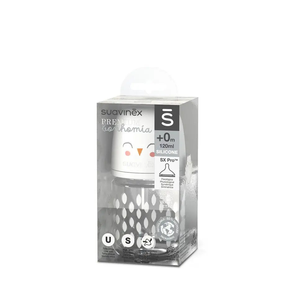 Suavinex – sklenená fľaša s objemom 120 ml. Fyziologická silikónová cumlík Sx Pro. Fľaša s pomalým prietokom. Od 0 mesiacov. Bonhomia, béžová