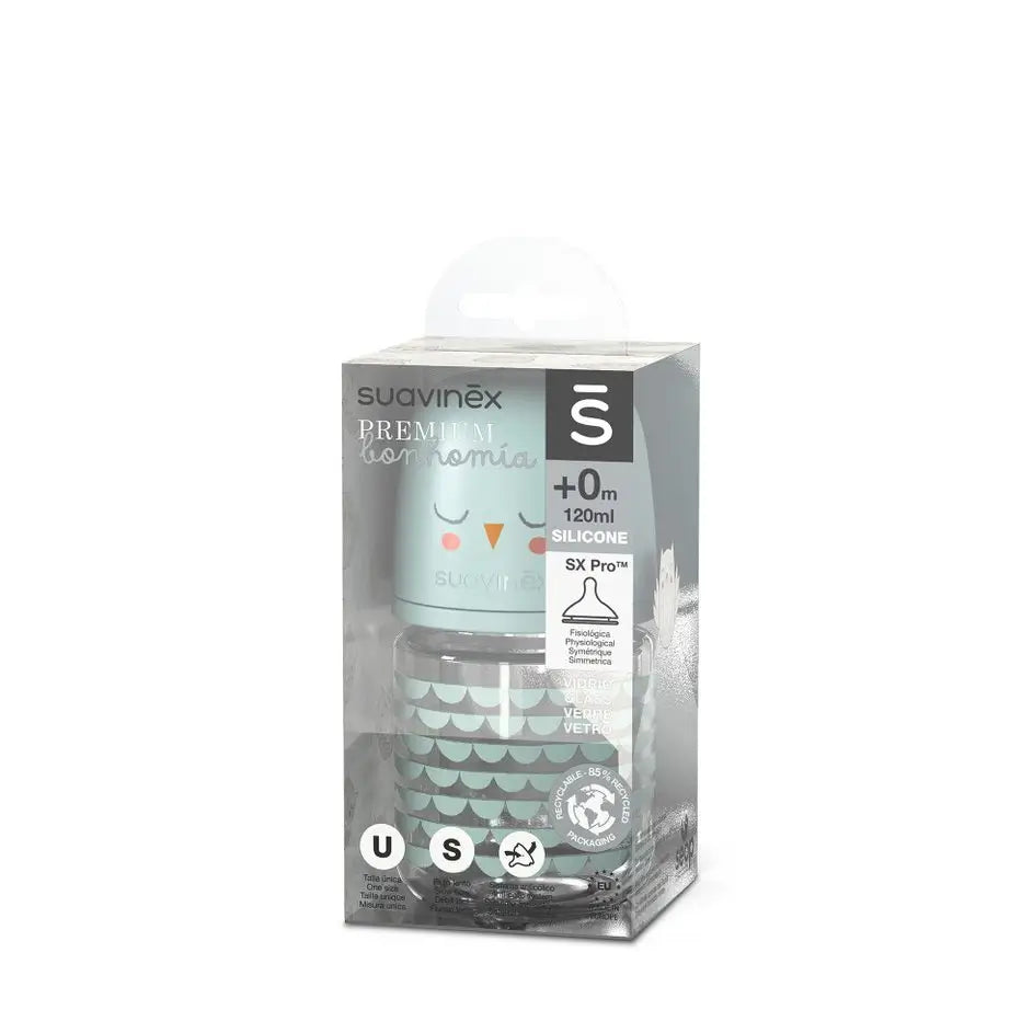 Suavinex – sklenená fľaša s objemom 120 ml. Fyziologická silikónová cumlík Sx Pro. Fľaša s pomalým prietokom. Od 0 mesiacov. Bonhomia, zelená