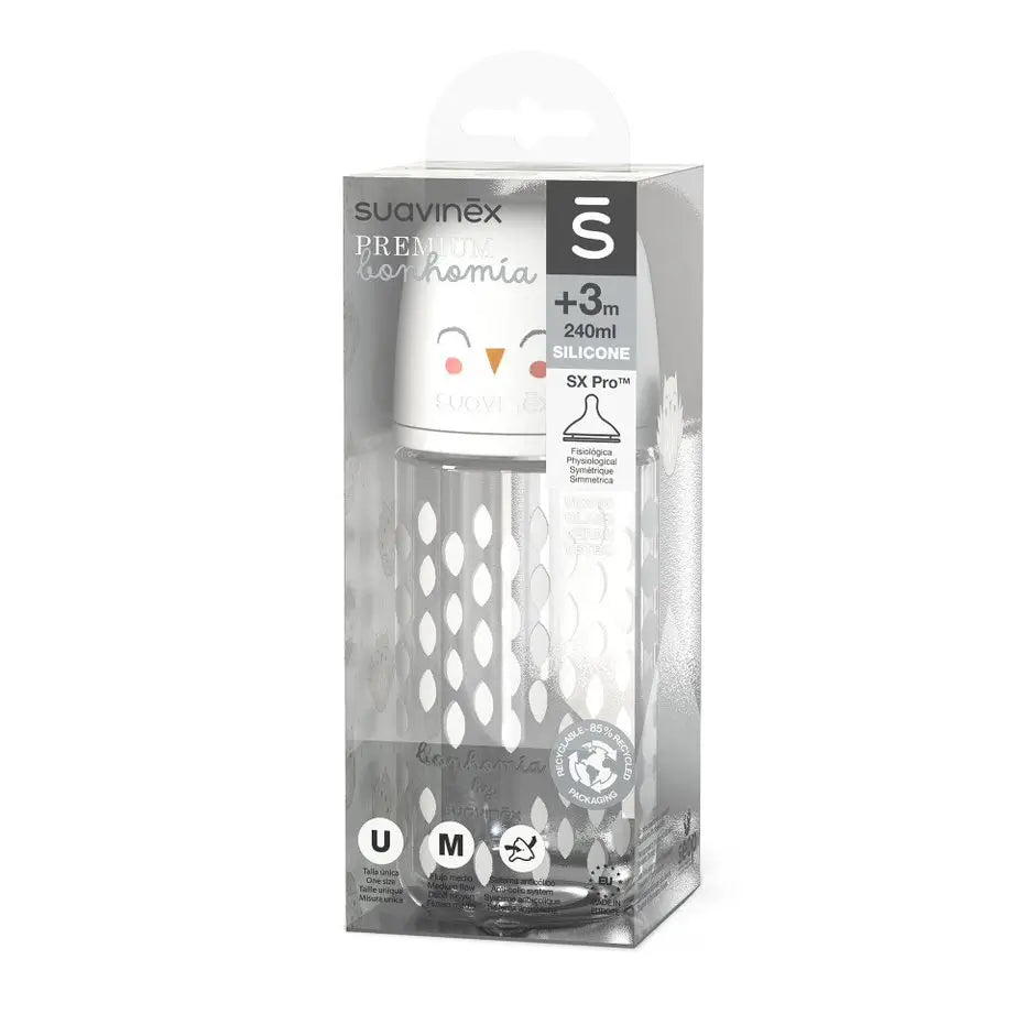 Suavinex – sklenená fľaša s objemom 240 ml. Fyziologická silikónová cumlík Sx Pro. Fľaša so stredným prietokom. Od 3 mesiacov. Bonhomia, béžová 